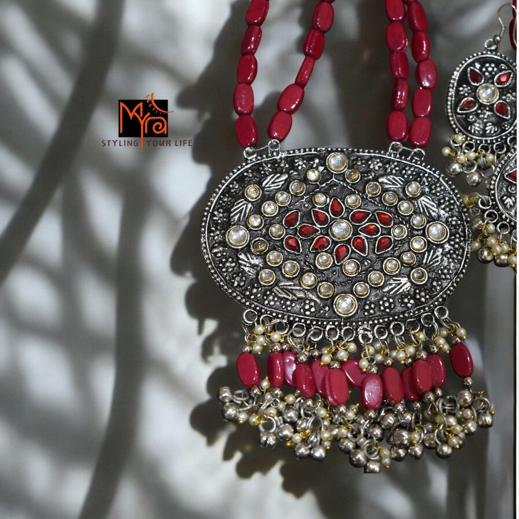 Maroon Boho Bead & Metal Necklace Set