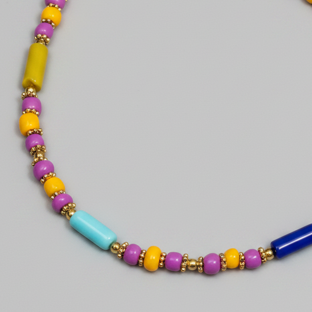Pipe and Round Beaded Anklet : Violet, Yellow, Blue