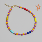 Pipe and Round Beaded Anklet : Violet, Yellow, Blue