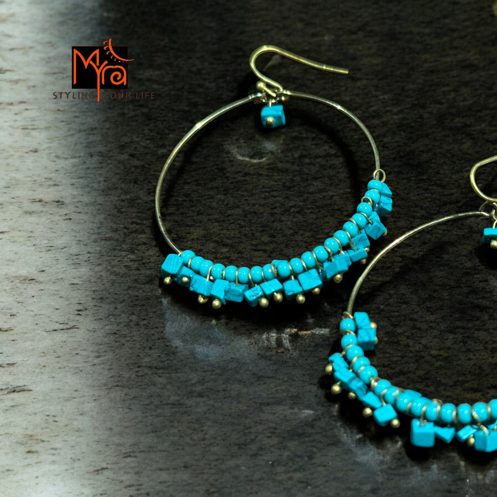 Brass Hoop Earrings : Turquoise