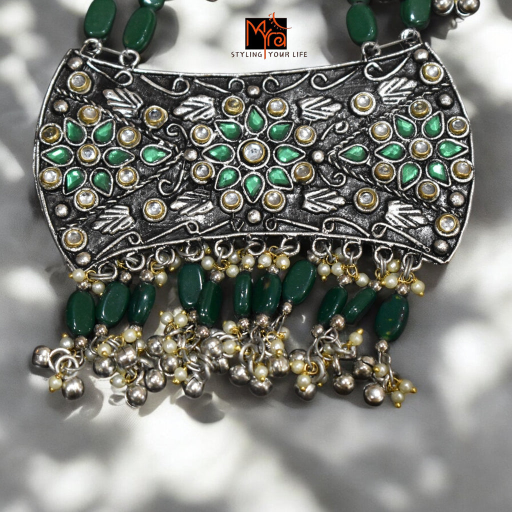 Green Boho Bead & Metal Necklace Set