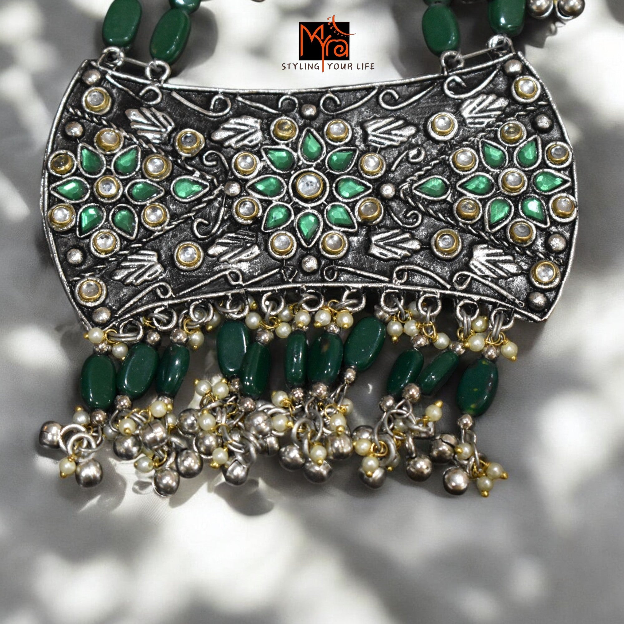 Green Boho Bead & Metal Necklace Set