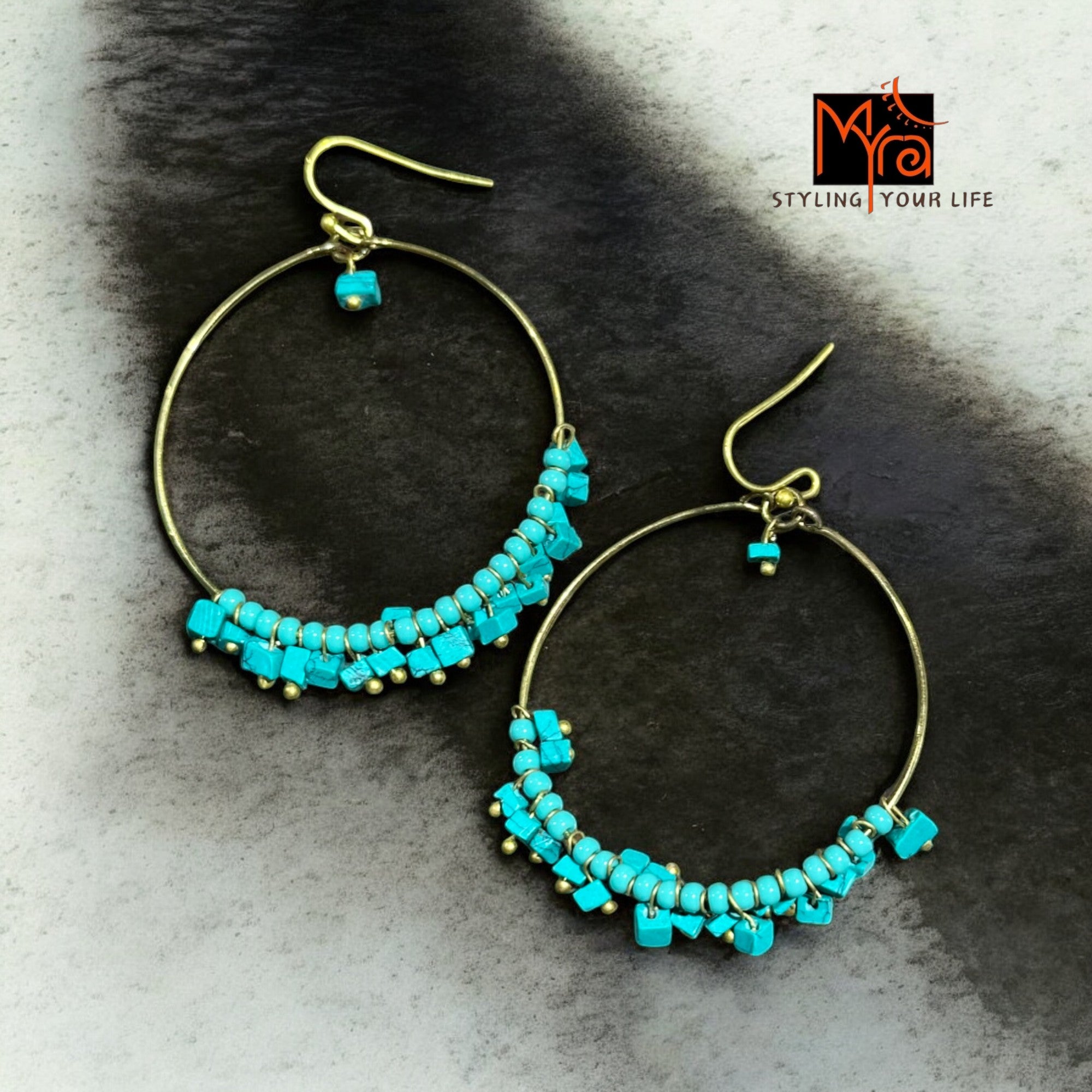 Brass Hoop Earrings : Turquoise