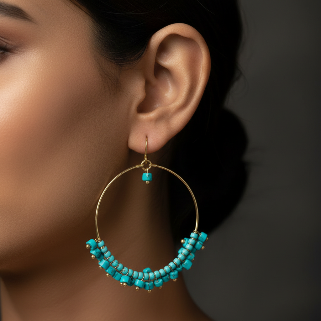Brass Hoop Earrings : Turquoise