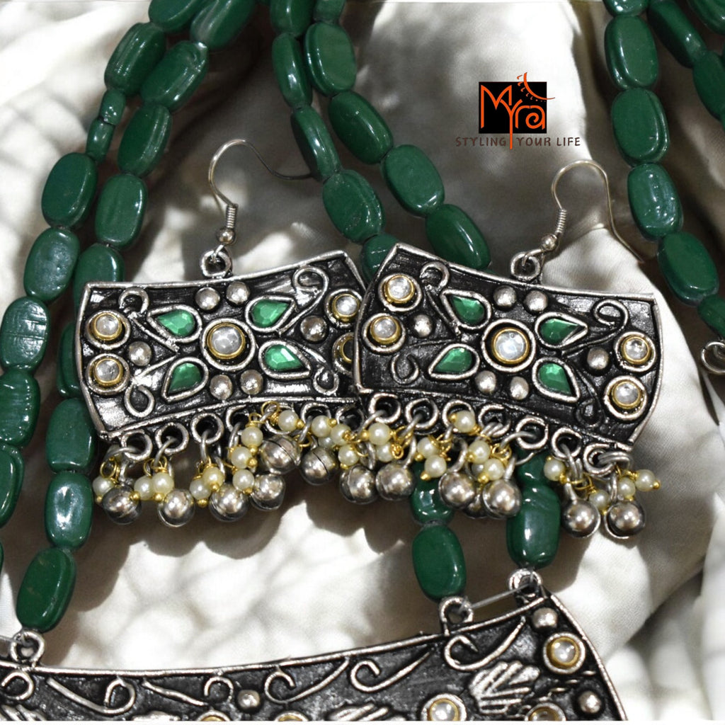 Green Boho Bead & Metal Necklace Set