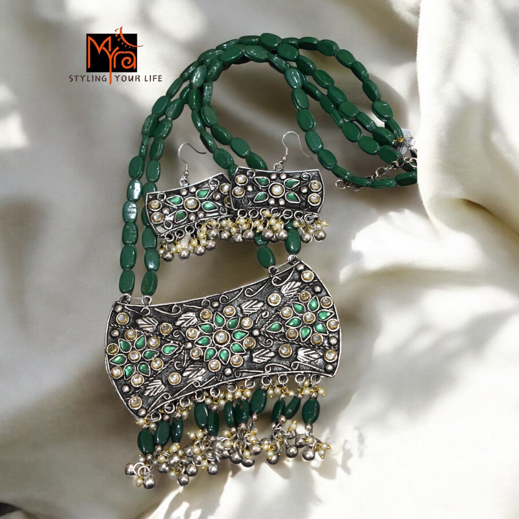 Green Boho Bead & Metal Necklace Set