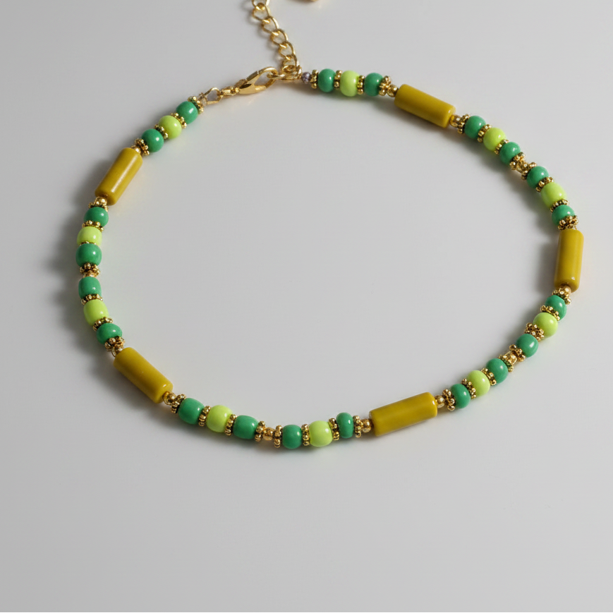 Pipe and Round Beaded Anklet : Shades of Green