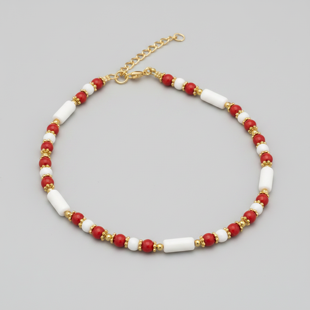 Pipe and Round Beaded Anklet : White, Brown
