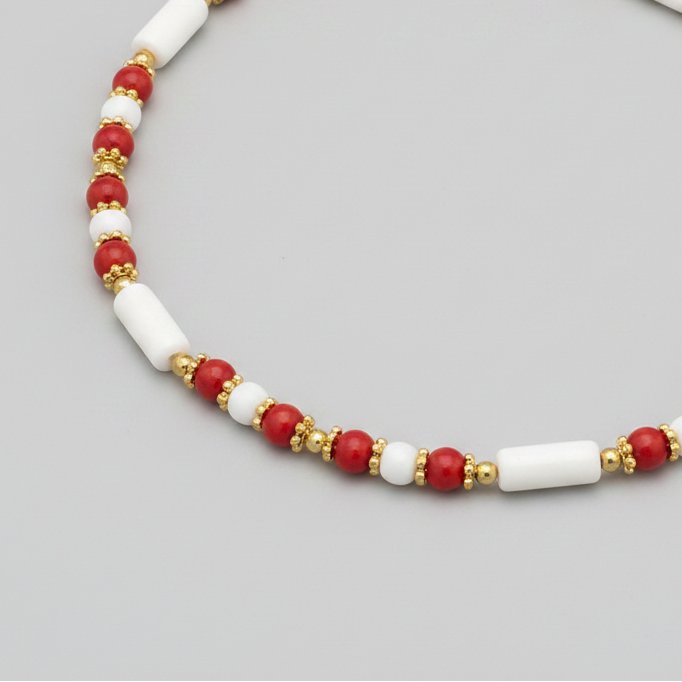 Pipe and Round Beaded Anklet : White, Brown