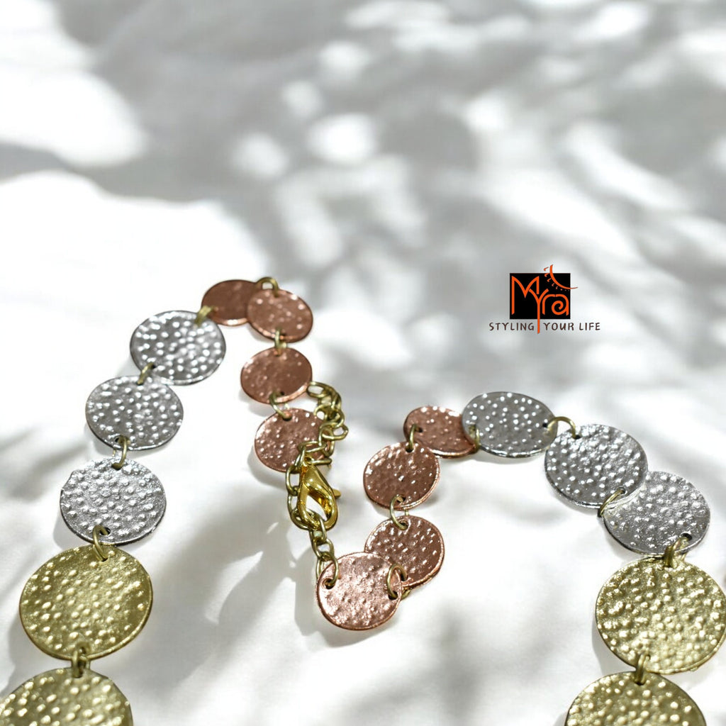 Triple Metal Coin-Patterned Necklace & Earrings