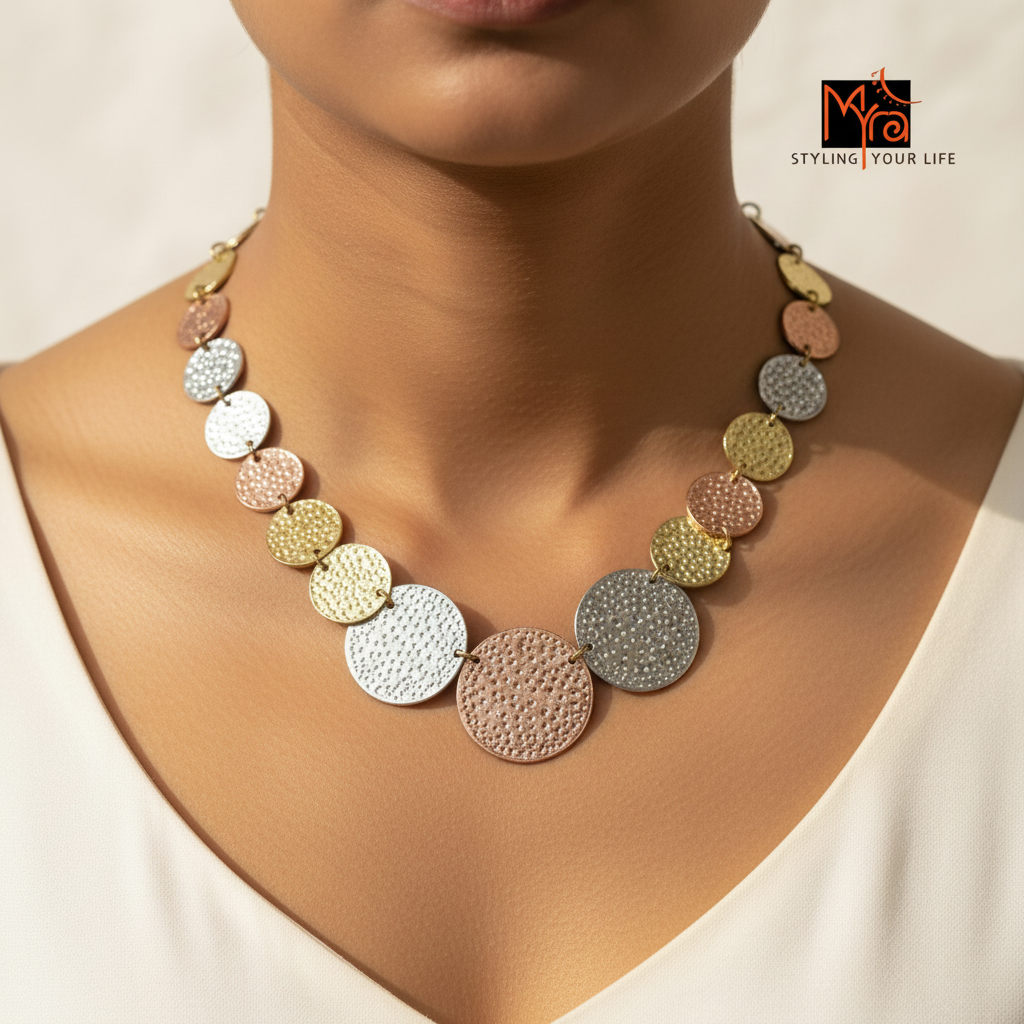 Triple Metal Coin-Patterned Necklace & Earrings