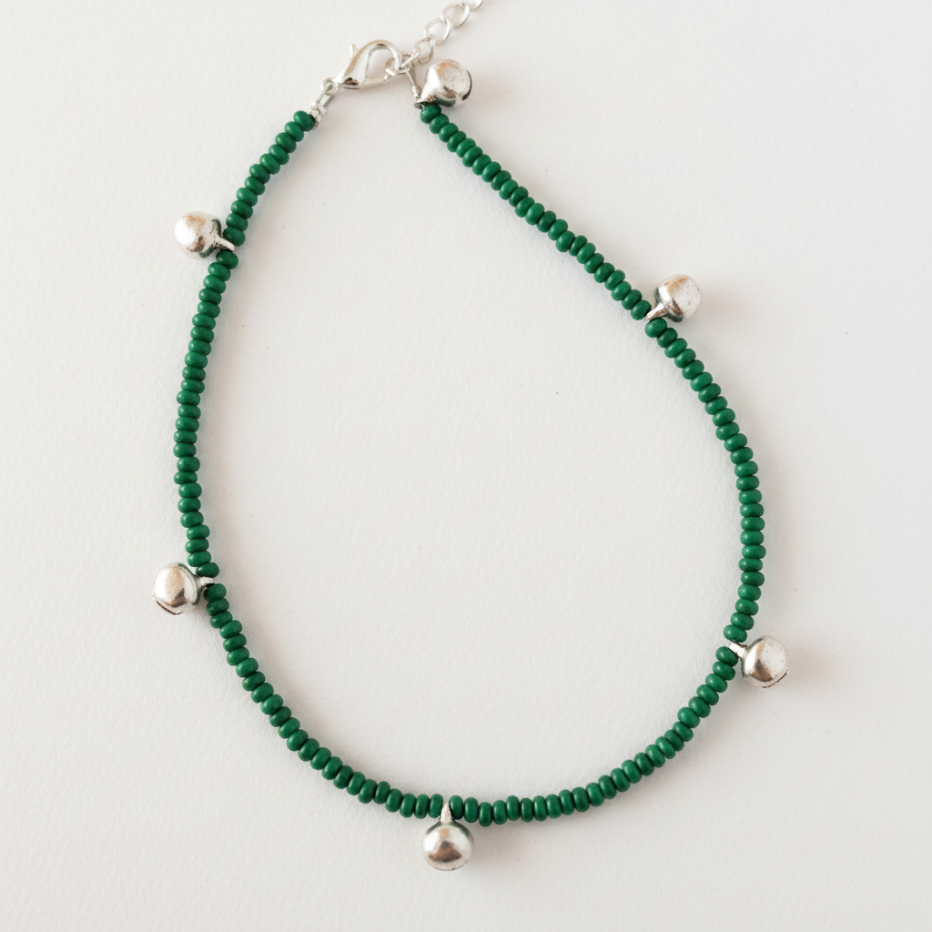 Bottle Green & Silver Bell Anklet