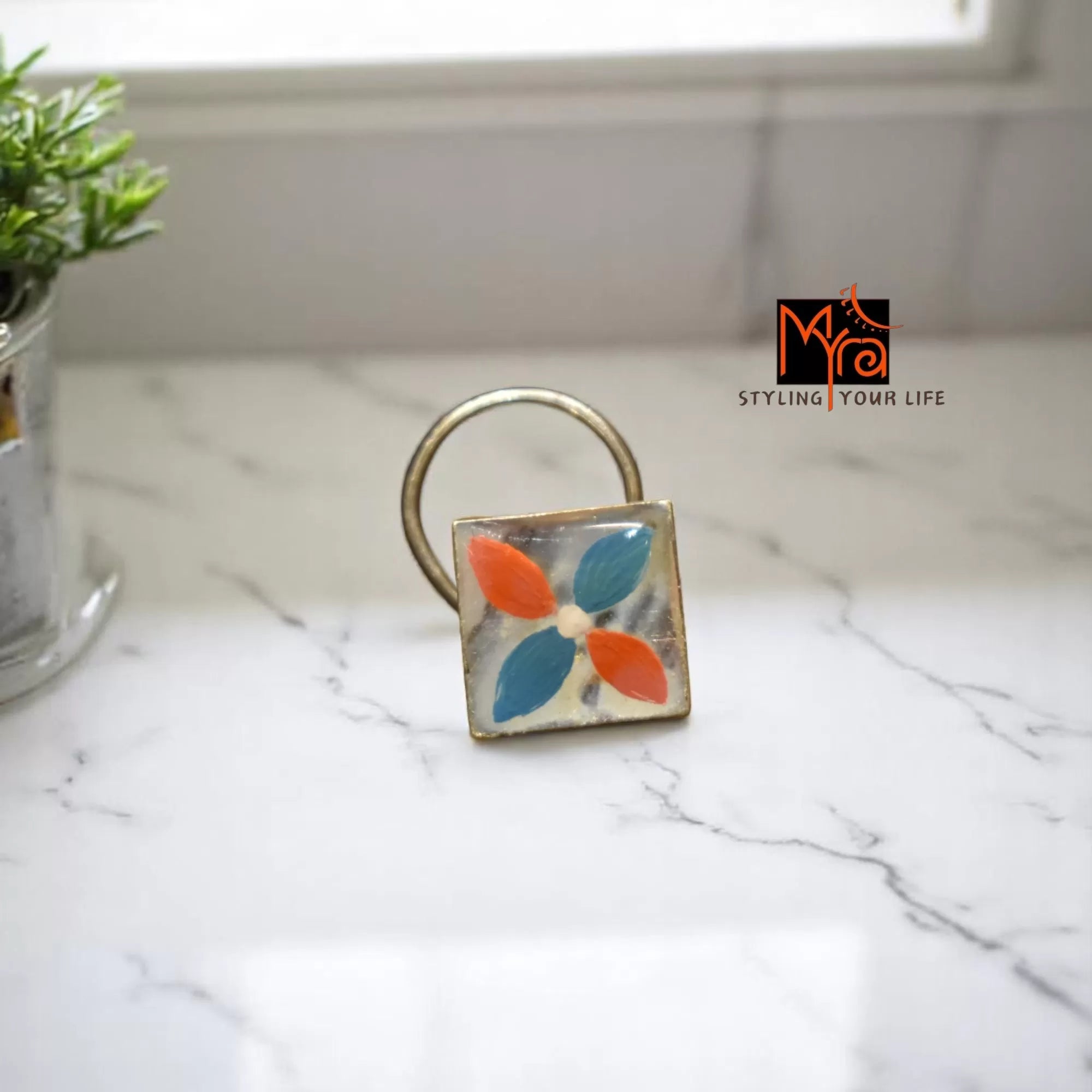 Basanti Square Hand-Painted Silver Nosepin 92.5 sterling silver MYRA