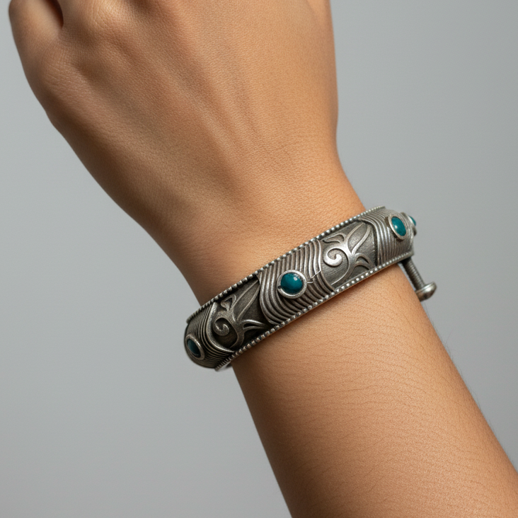 Sabuj Ghaash | Green Stone German Silver Bracelet