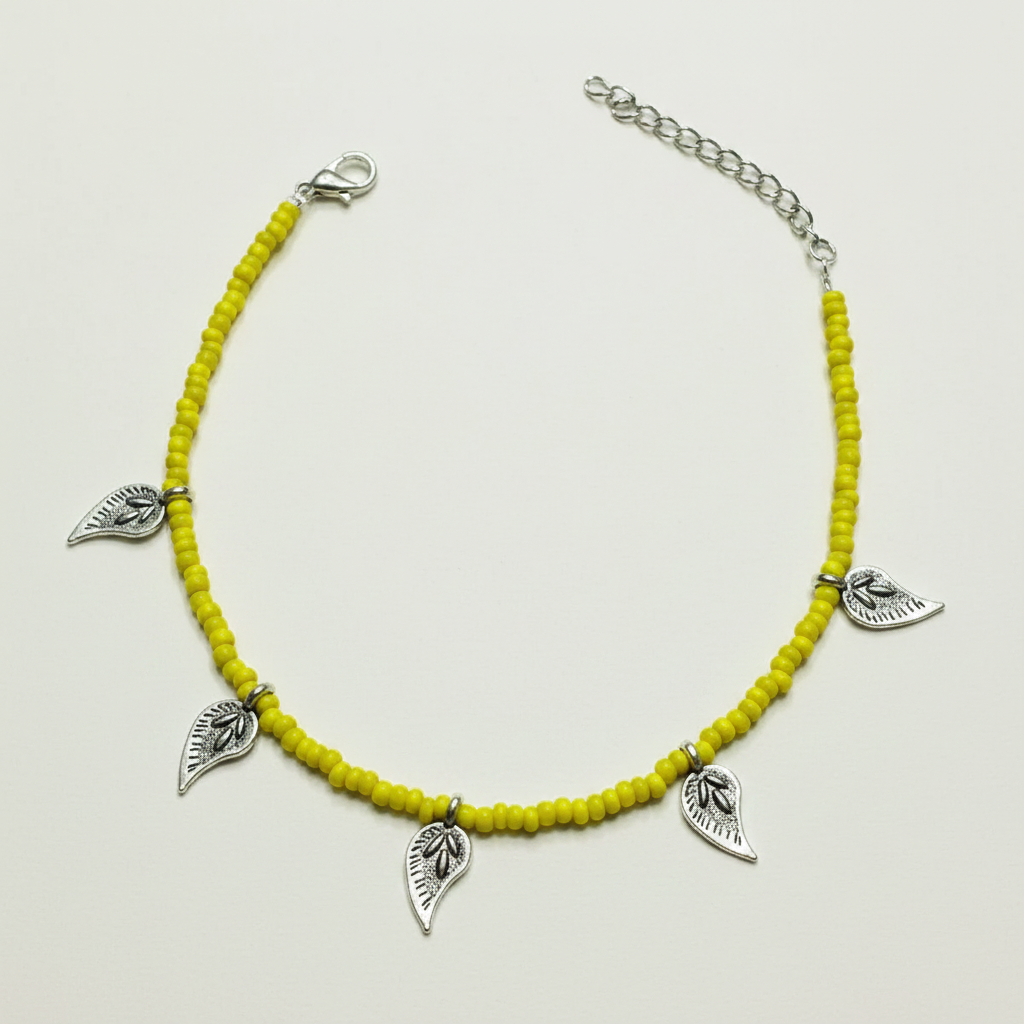 Lime Yellow Beaded Leaf Charm Anklet