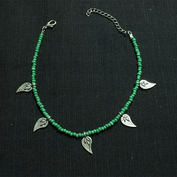 Green Beaded Leaf Charm Anklet