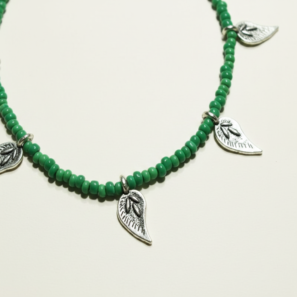 Green Beaded Leaf Charm Anklet