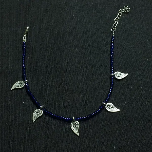 Navy Blue Beaded Leaf Charm Anklet