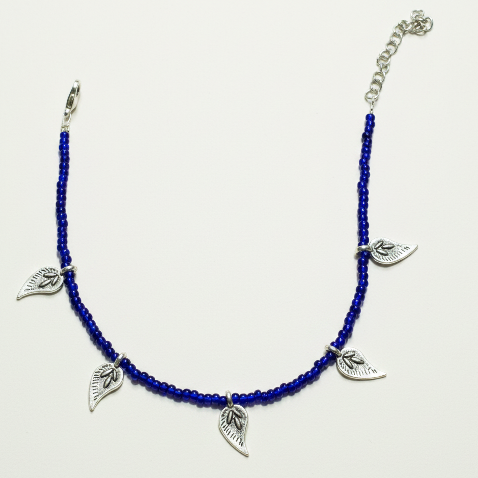 Navy Blue Beaded Leaf Charm Anklet
