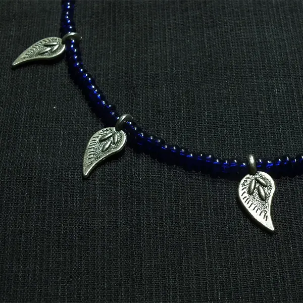 Navy Blue Beaded Leaf Charm Anklet