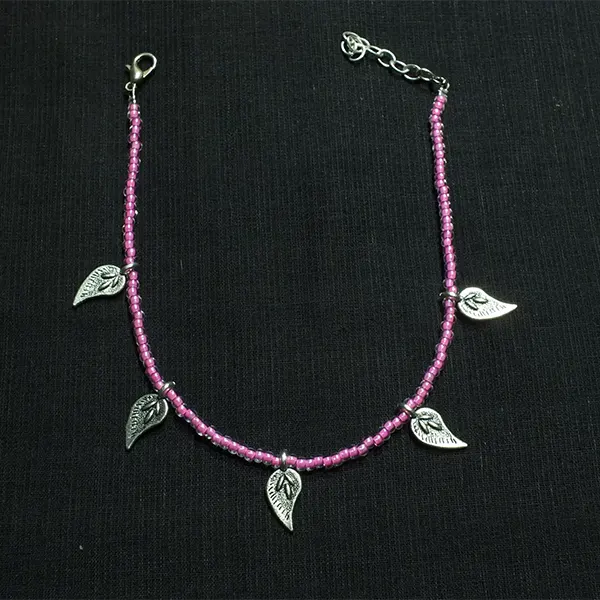 Pink Glass Beaded Leaf Charm Anklet
