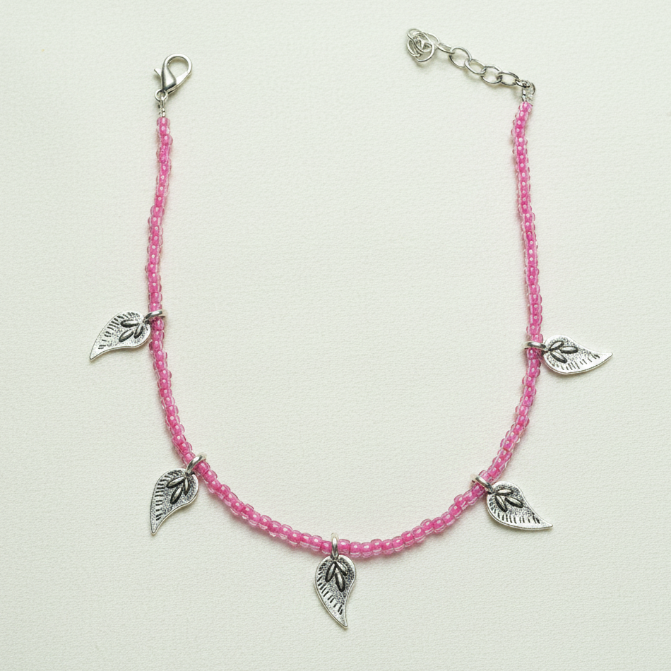 Pink Glass Beaded Leaf Charm Anklet