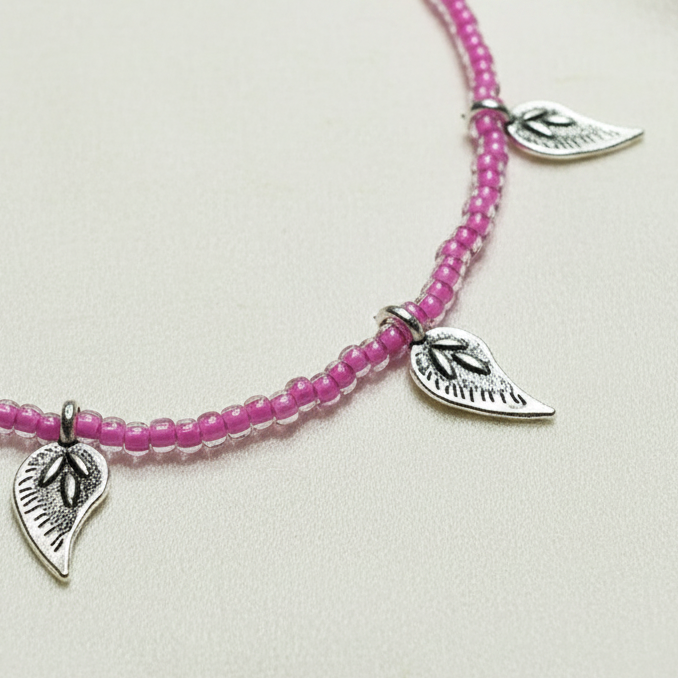 Pink Glass Beaded Leaf Charm Anklet