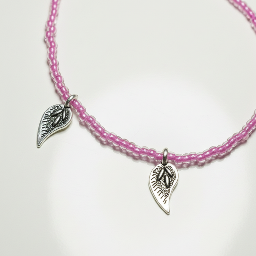 Pink Glass Beaded Leaf Charm Anklet