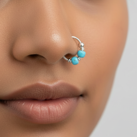 Neel – Double Blue Bead 925 Sterling Silver Nose Ring