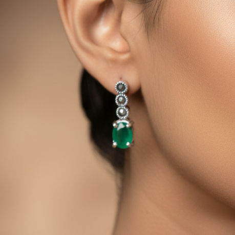 Pure Silver Marcasite & Green Onyx Earrings with Pushback