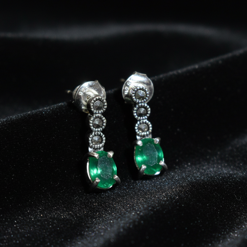Pure Silver Marcasite & Green Onyx Earrings with Pushback