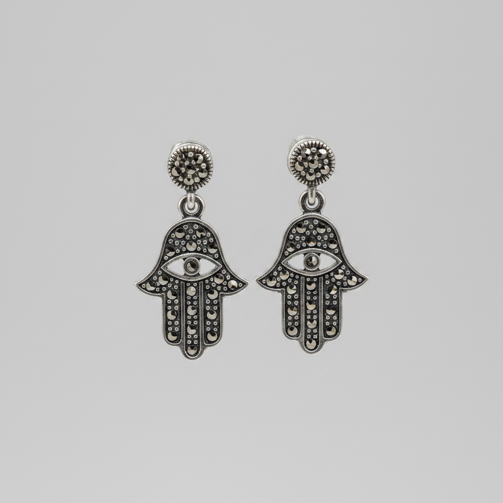 Pure Silver Marcasite Hamsa Hand Earrings