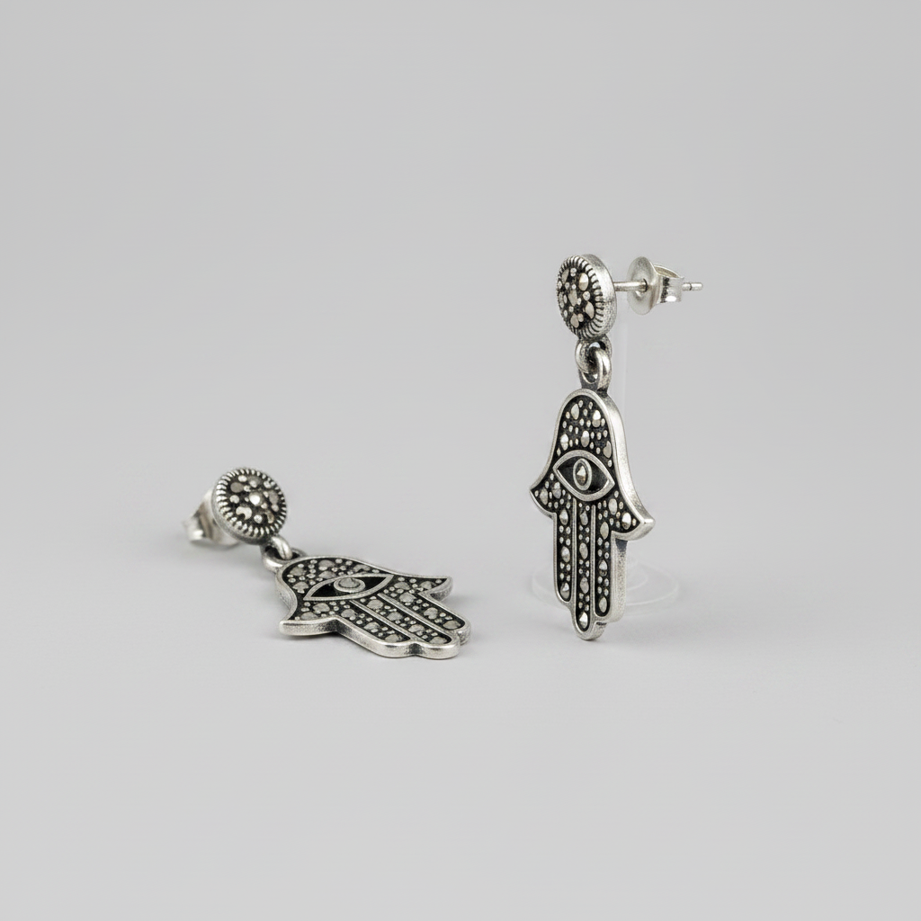 Pure Silver Marcasite Hamsa Hand Earrings