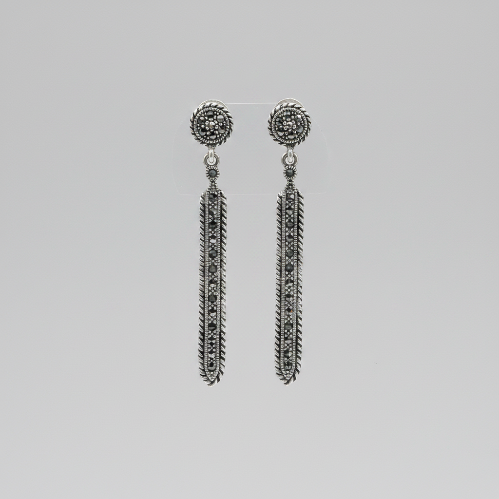 Pure Silver Marcasite Long Pattern Earrings