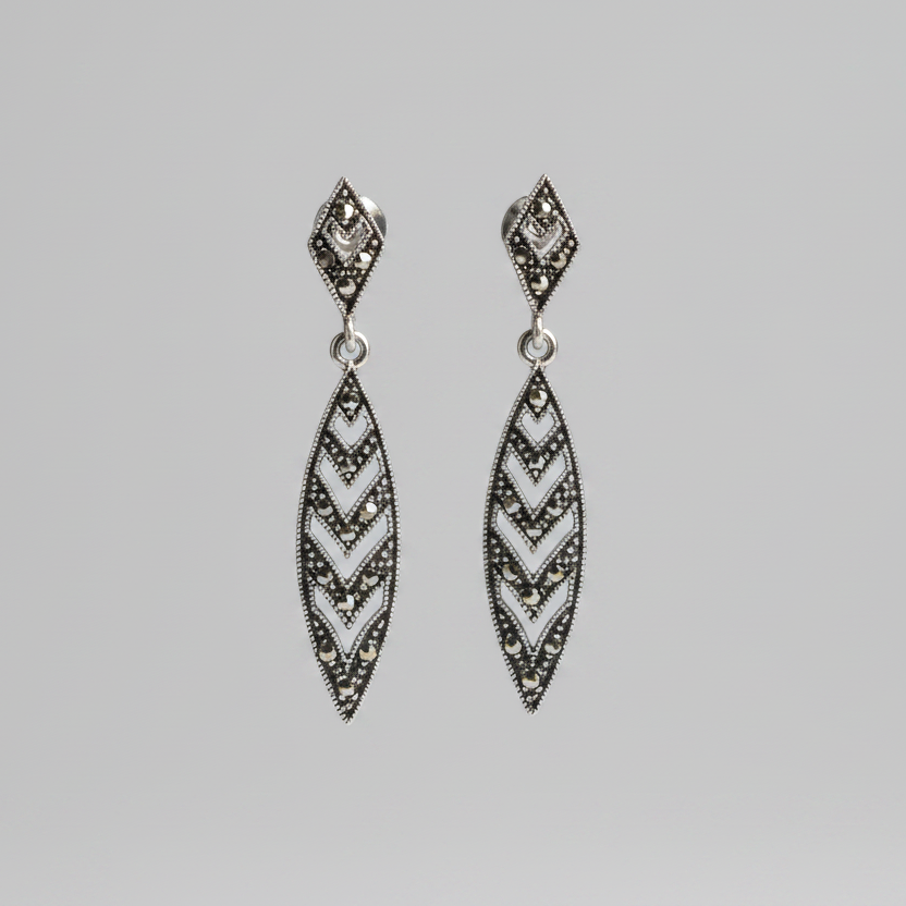 Pure Silver Marcasite Leaf Pattern Earrings