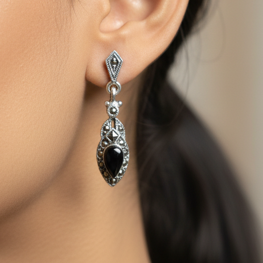 Pure Silver Marcasite & Black Onyx Drop Earrings