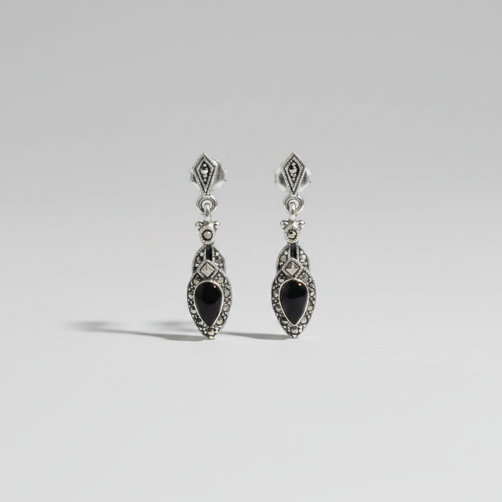 Pure Silver Marcasite & Black Onyx Drop Earrings