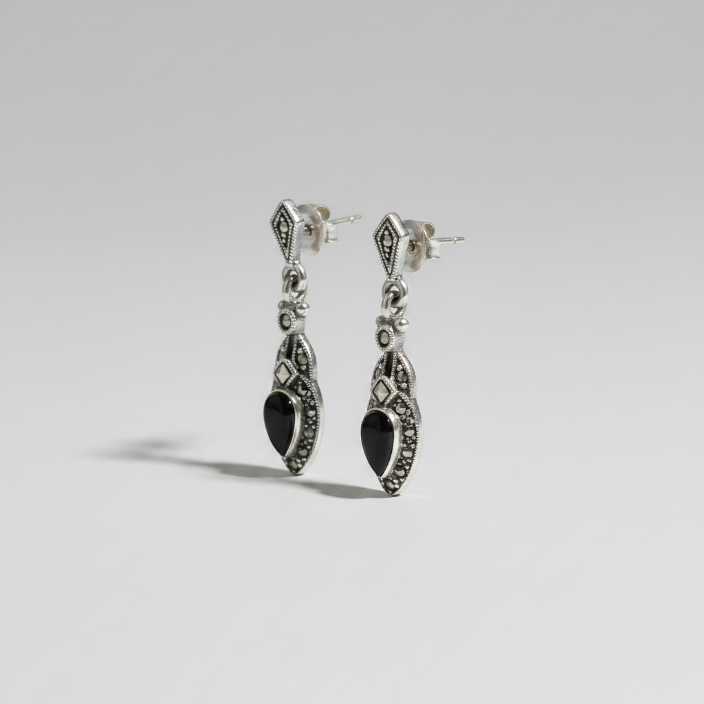 Pure Silver Marcasite & Black Onyx Drop Earrings