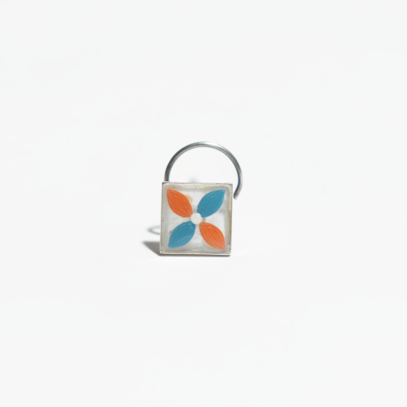 Handpainted Square Blossom Silver Nosepin