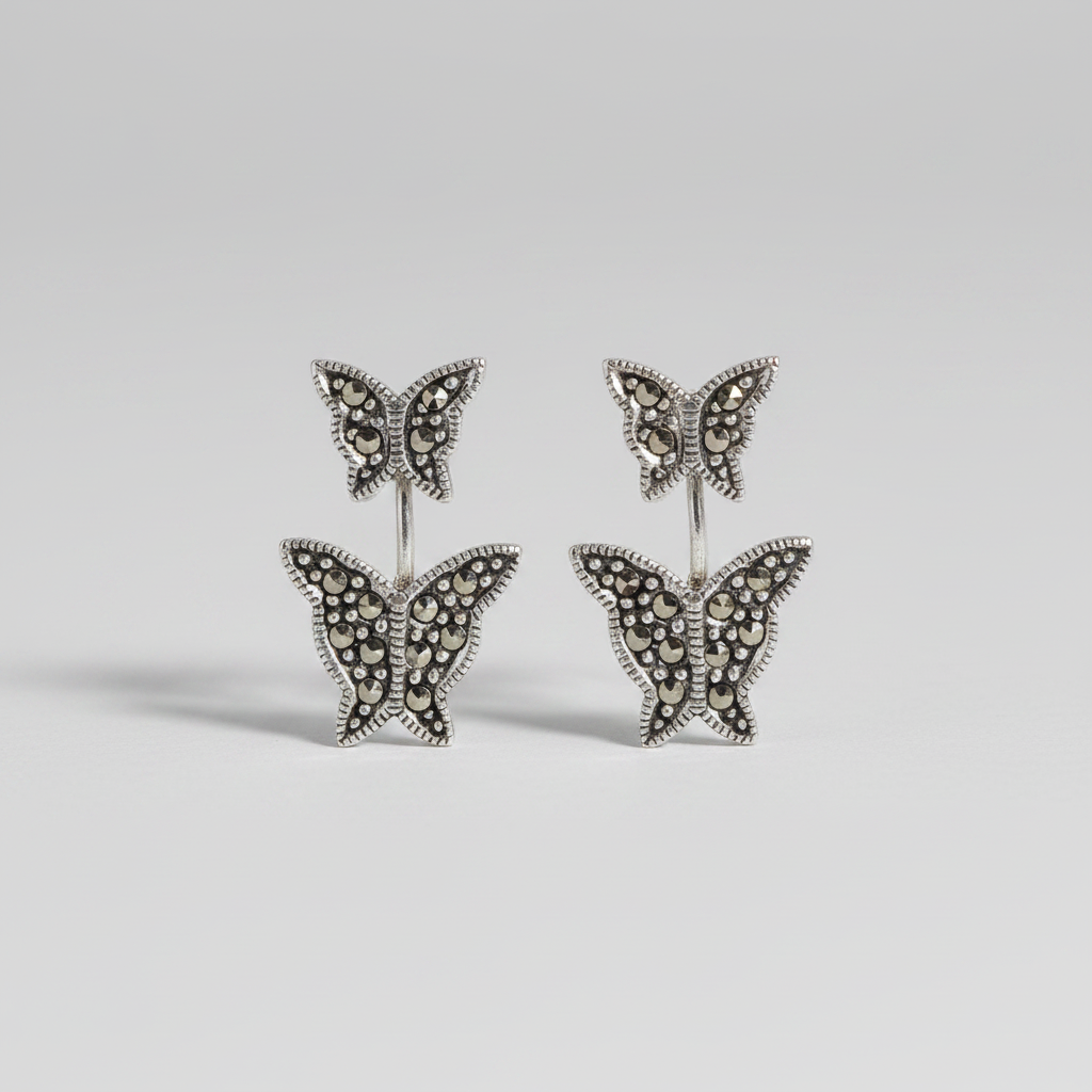 Pure Silver Marcasite Double Butterfly Earrings
