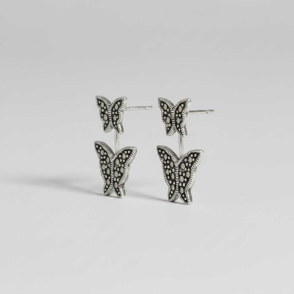 Pure Silver Marcasite Double Butterfly Earrings