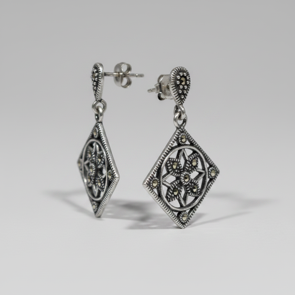 Pure Silver Marcasite Rhombus Pattern Earrings
