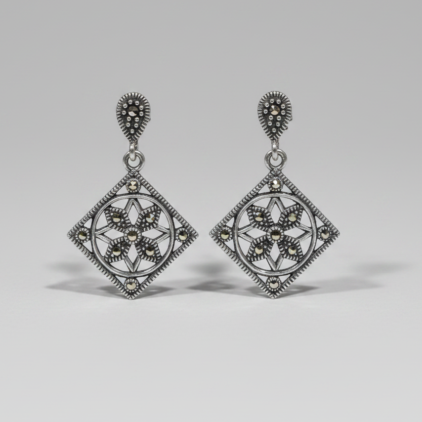 Pure Silver Marcasite Rhombus Pattern Earrings