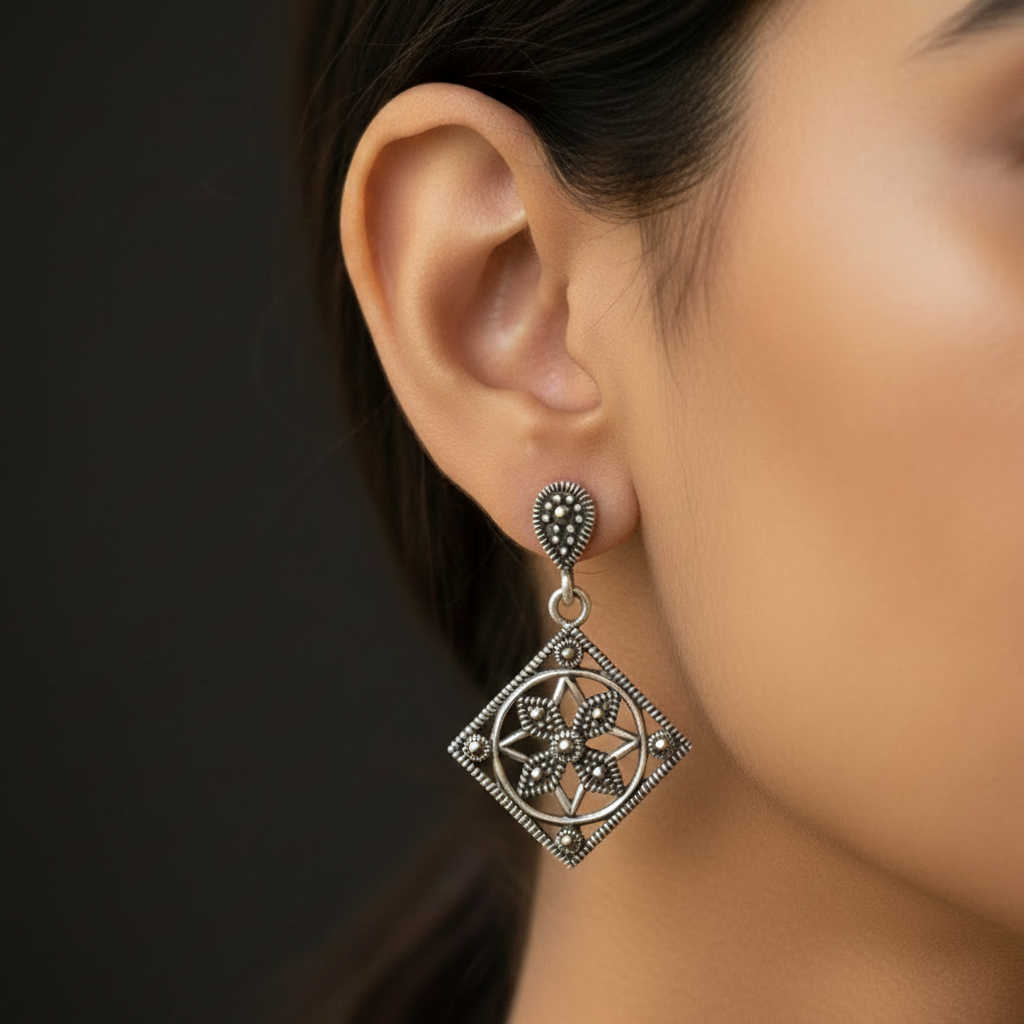Pure Silver Marcasite Rhombus Pattern Earrings