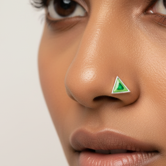 Handpainted Emerald Triangle Silver Nosepin