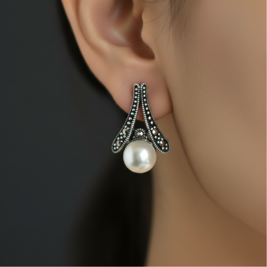 Pure Silver Abstract Pearl Earrings
