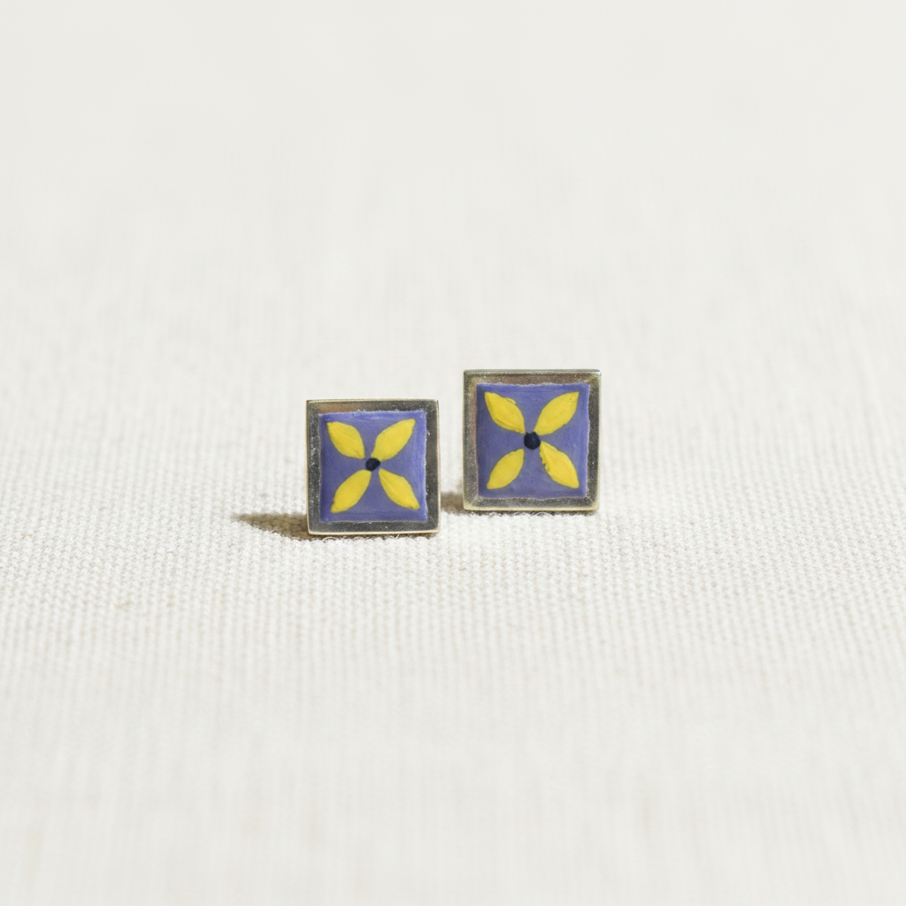 Handpainted Yellow Floral 92.5 Sterling Silver Stud Earrings
