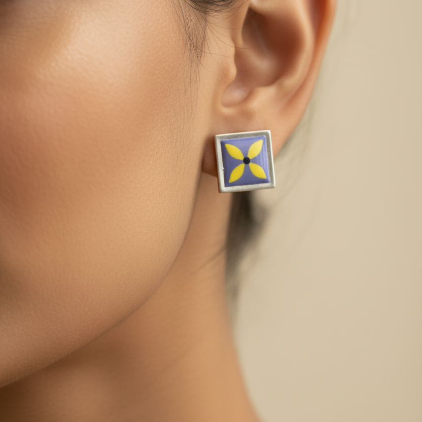 Handpainted Yellow Floral 92.5 Sterling Silver Stud Earrings