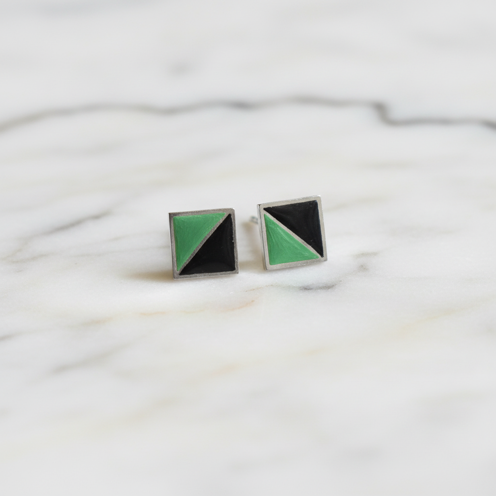 Handpainted Black & Green 92.5 Sterling Silver Stud Earrings