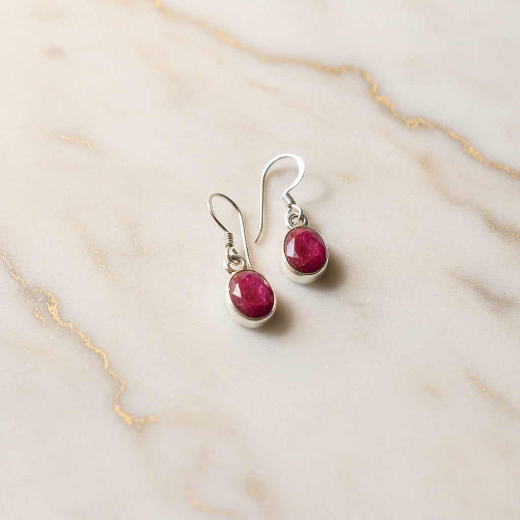 Oval Simulated Ruby 92.5 Sterling Silver Drop Earrings